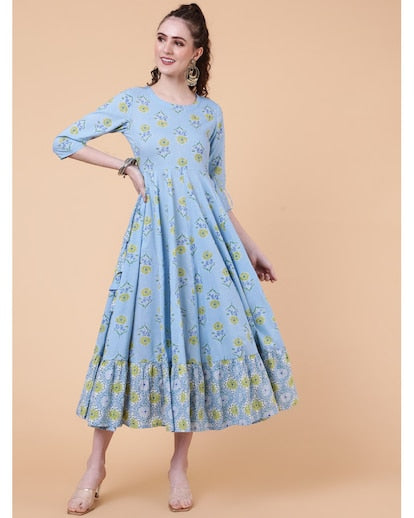 Blue floral print flared kurta