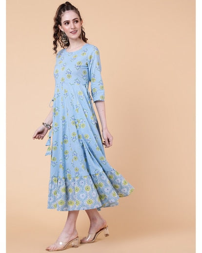 Blue floral print flared kurta
