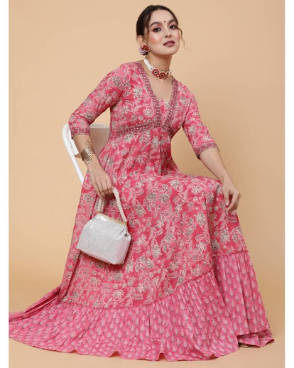 Fuchsia floral print flared dress