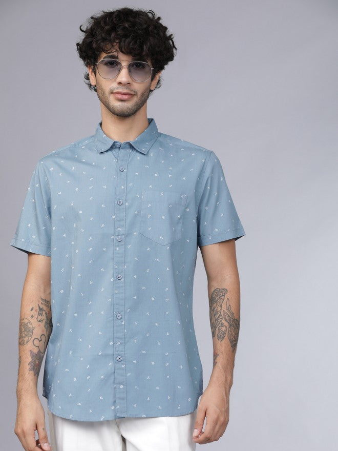 Men Blue Printed Slim Fit Casual Shirt