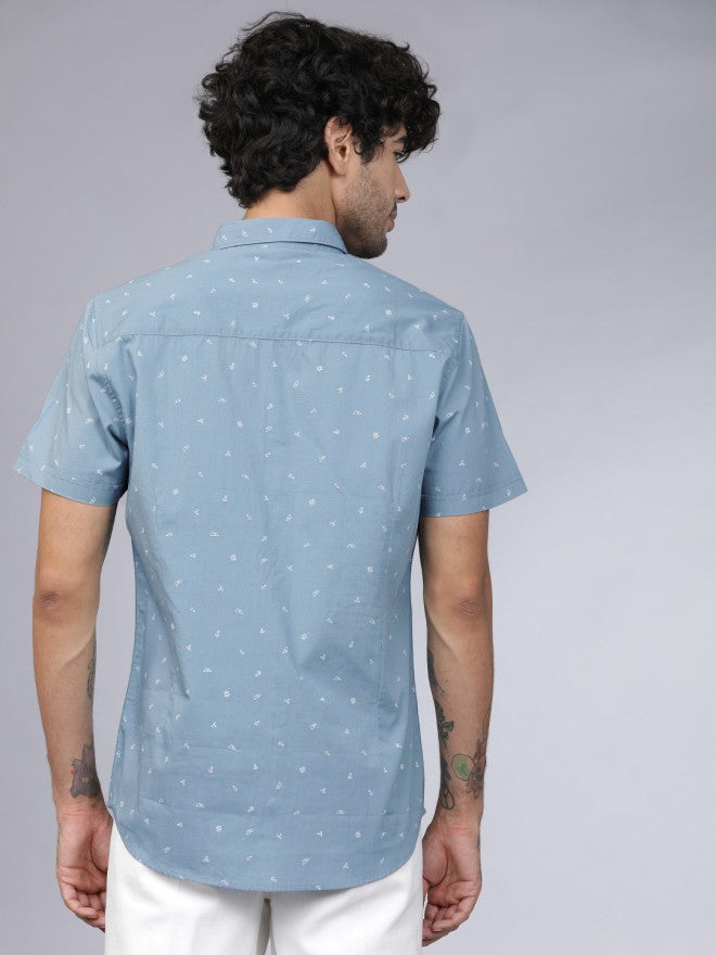 Men Blue Printed Slim Fit Casual Shirt