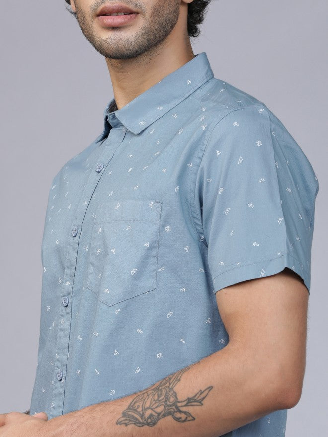 Men Blue Printed Slim Fit Casual Shirt
