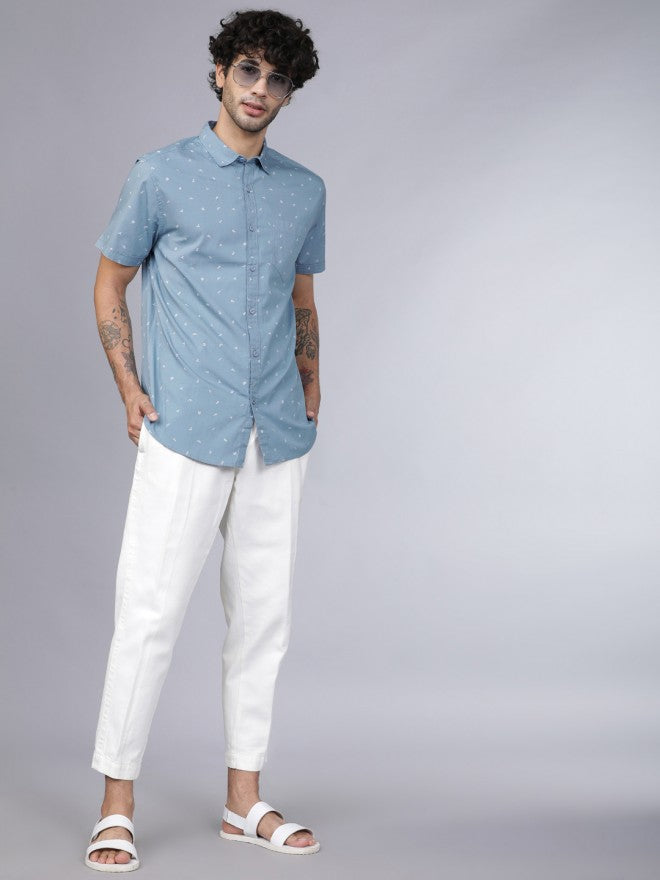 Men Blue Printed Slim Fit Casual Shirt