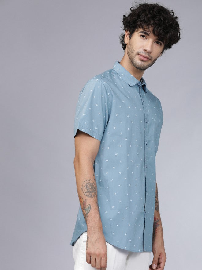 Men Blue Printed Slim Fit Casual Shirt