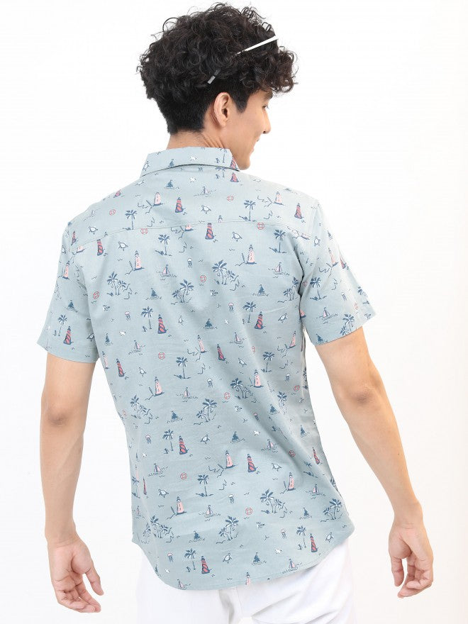 Men Blue Printed Slim Fit Casual Shirt