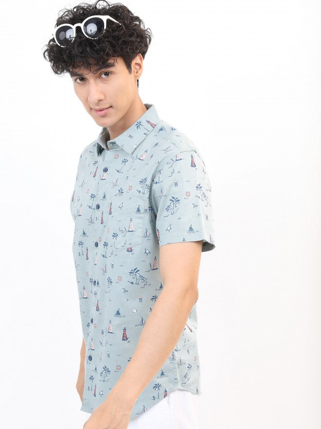 Men Blue Printed Slim Fit Casual Shirt