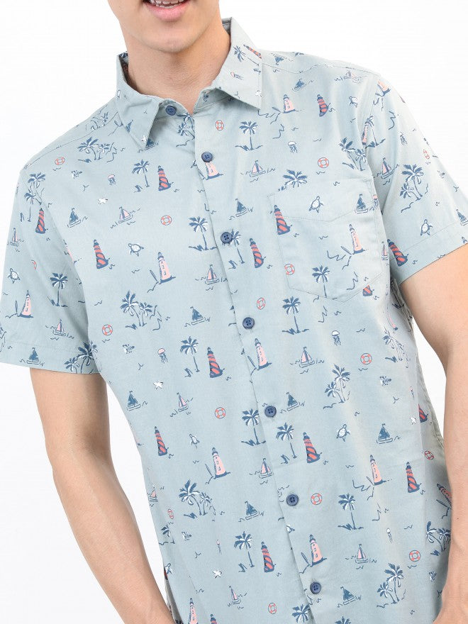 Men Blue Printed Slim Fit Casual Shirt