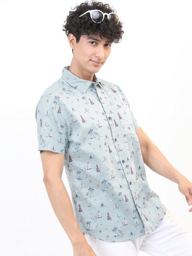 Men Blue Printed Slim Fit Casual Shirt
