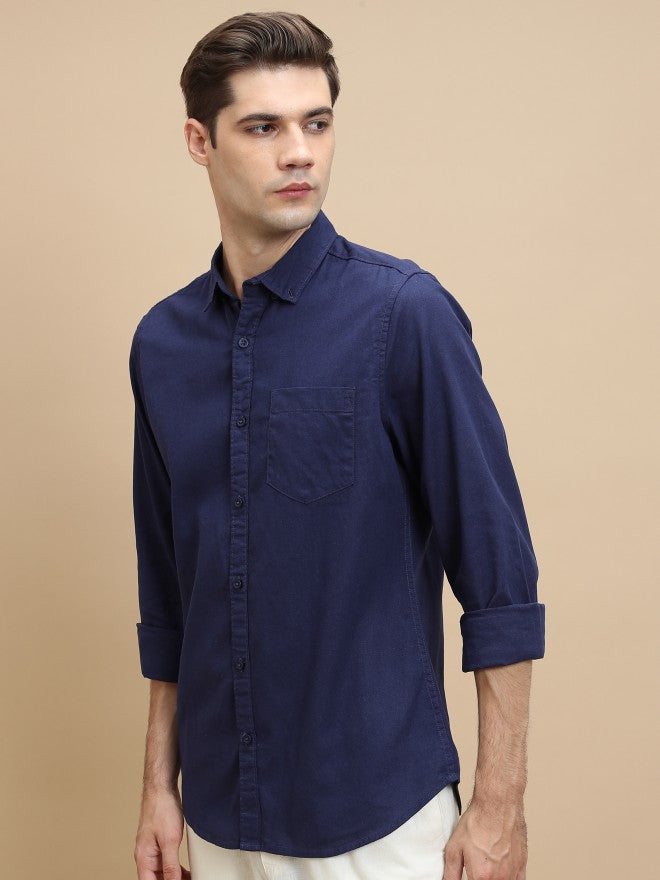 Men Blue Solid Slim Fit Casual Shirt