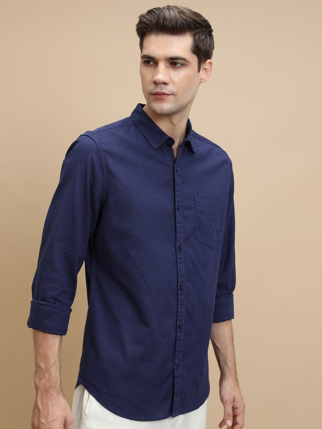 Men Blue Solid Slim Fit Casual Shirt