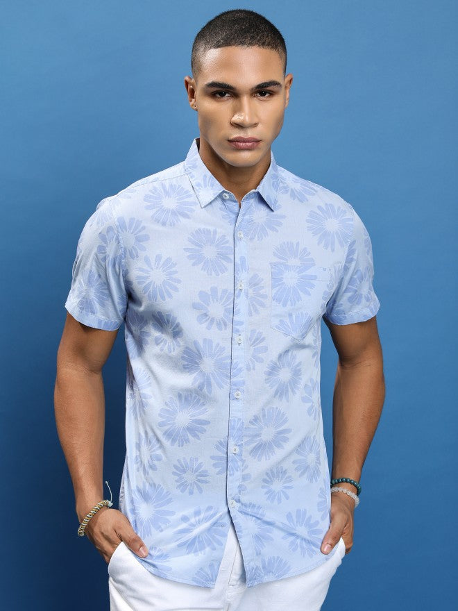Men Blue Printed Slim Fit Casual Shirt