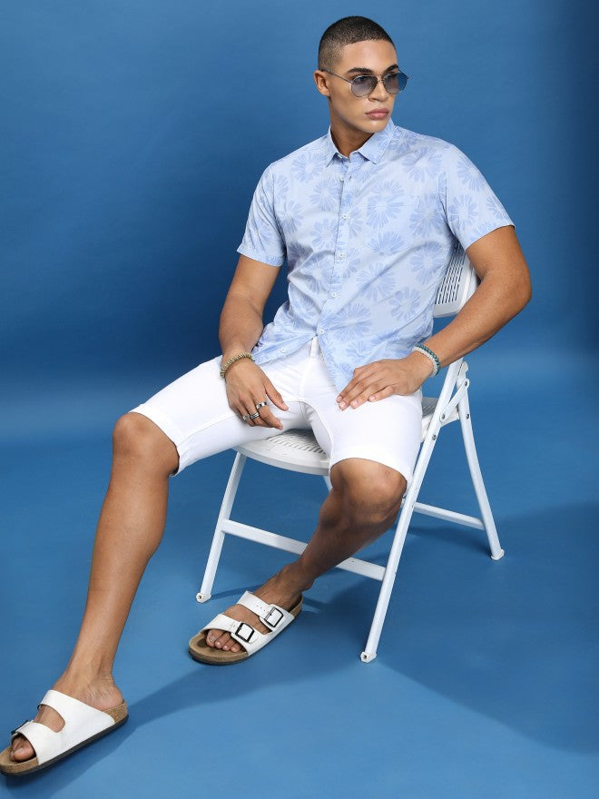 Men Blue Printed Slim Fit Casual Shirt