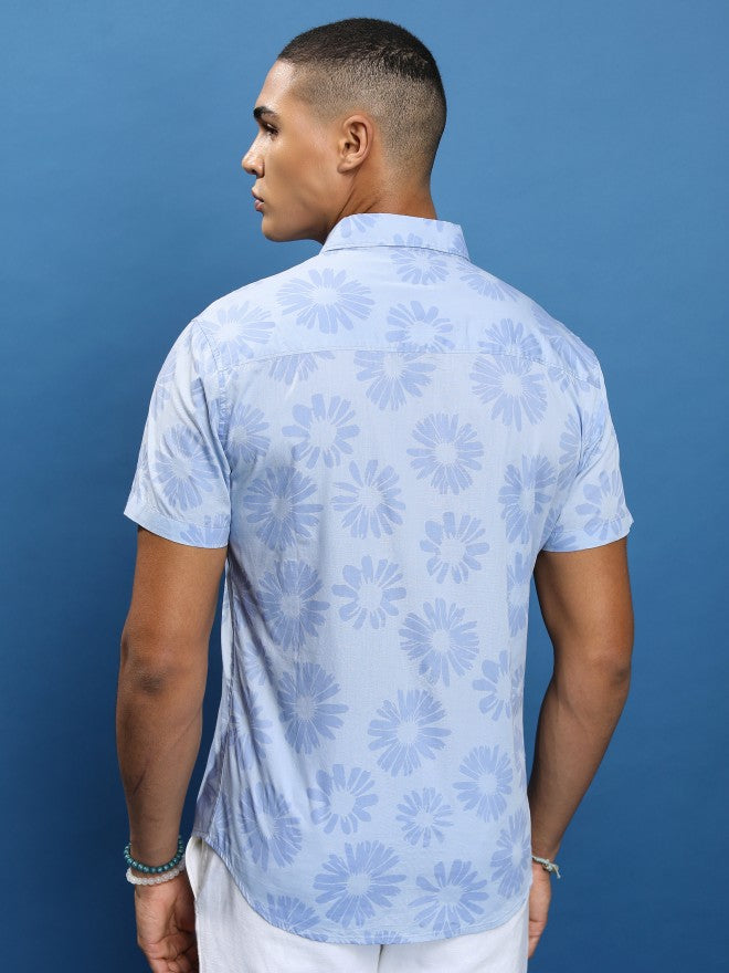 Men Blue Printed Slim Fit Casual Shirt
