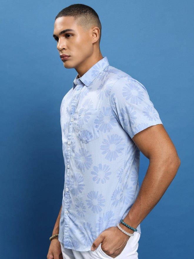 Men Blue Printed Slim Fit Casual Shirt