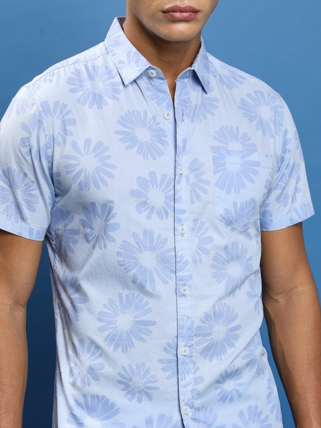 Men Blue Printed Slim Fit Casual Shirt