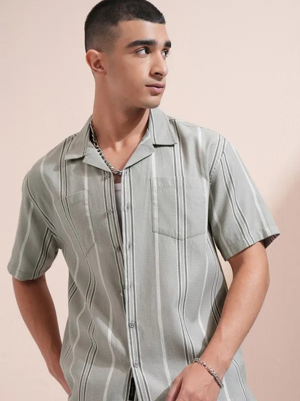 Men Grey Striped Relaxed Fit Casual Shirt