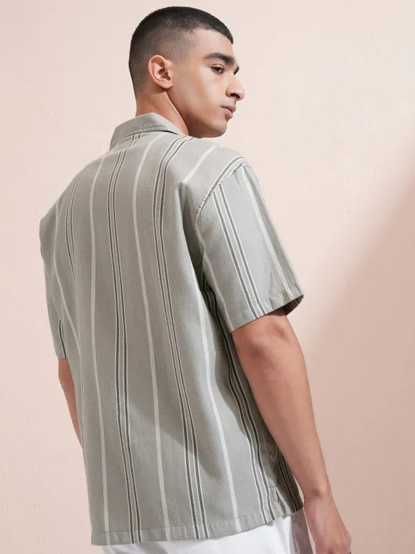 Men Grey Striped Relaxed Fit Casual Shirt
