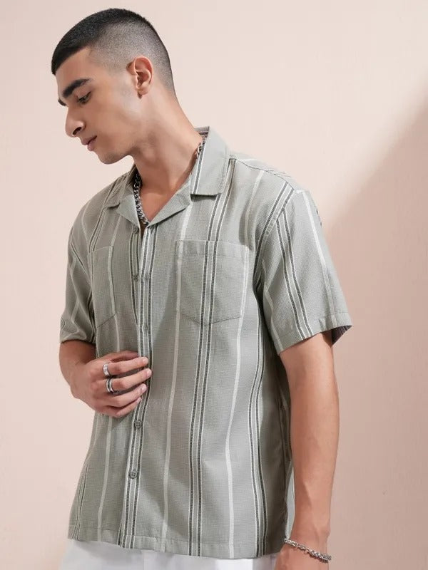 Men Grey Striped Relaxed Fit Casual Shirt