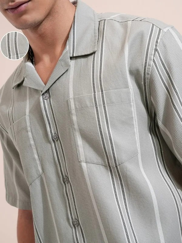 Men Grey Striped Relaxed Fit Casual Shirt