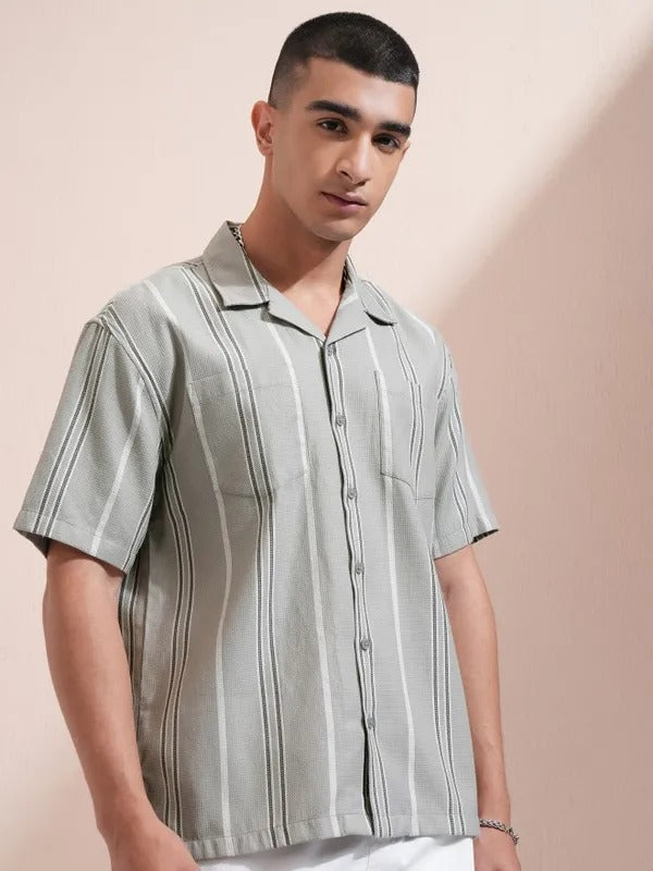 Men Grey Striped Relaxed Fit Casual Shirt