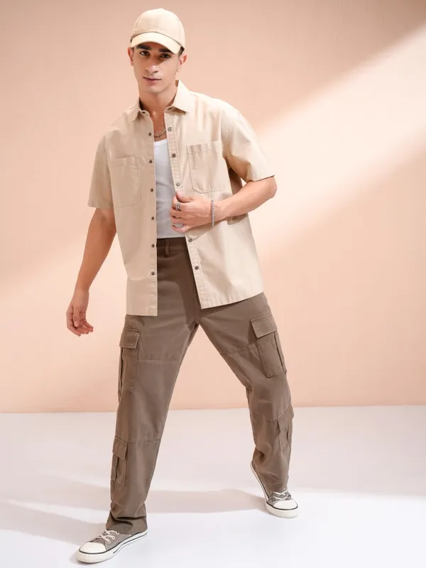 Beige Solid Relaxed Fit Casual Shirt