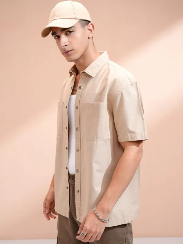 Beige Solid Relaxed Fit Casual Shirt