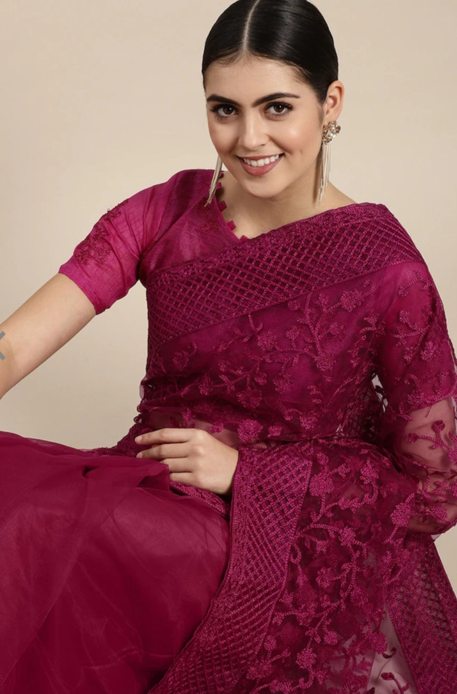 Wine Floral Embroidered Net Saree