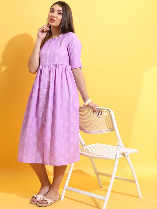 Women Lavender Printed A-Line Dress