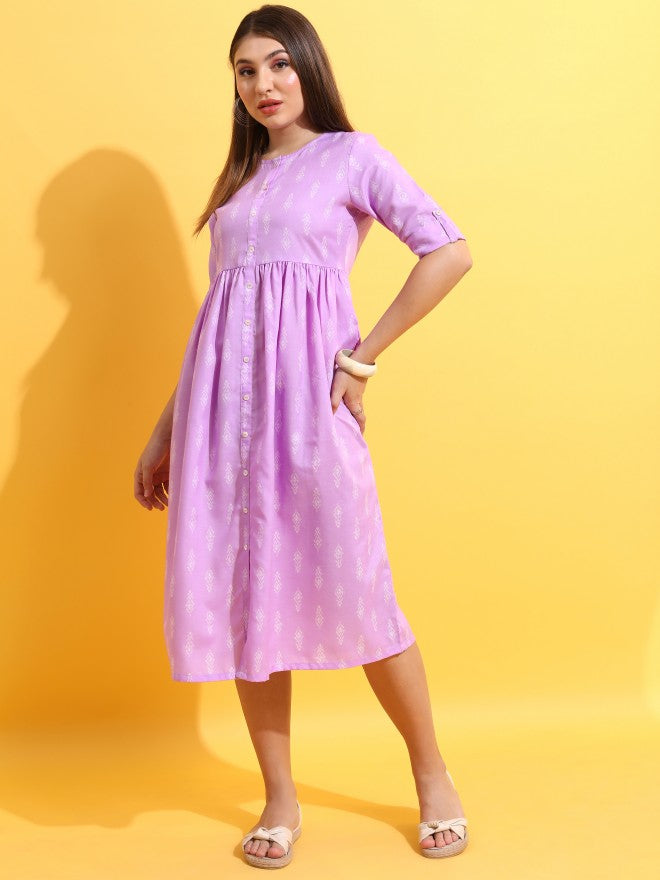 Women Lavender Printed A-Line Dress