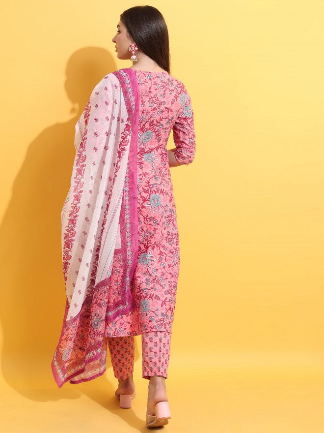 Women Peach Printed Kurta With Trouser And Dupatta