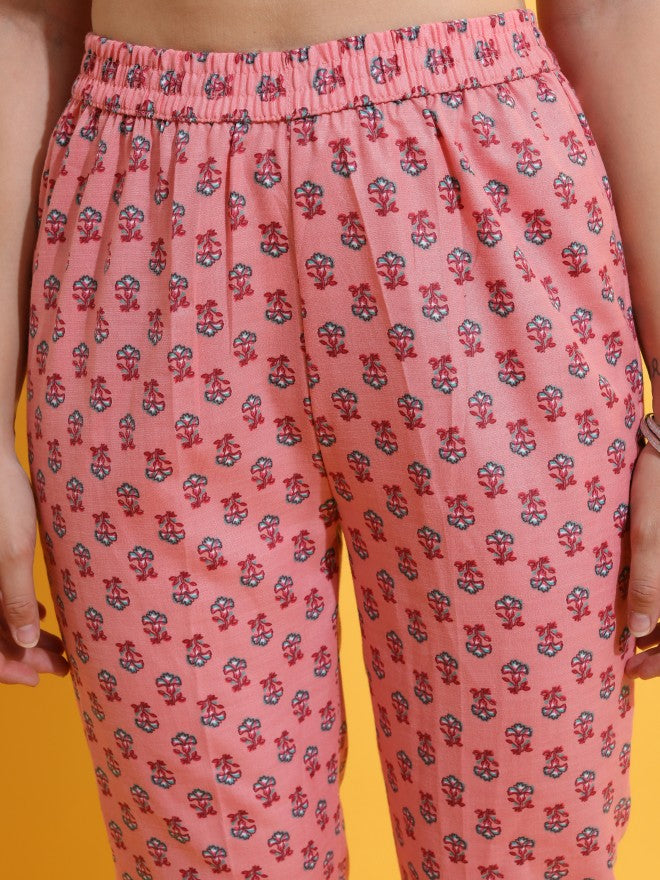 Women Peach Printed Kurta With Trouser And Dupatta