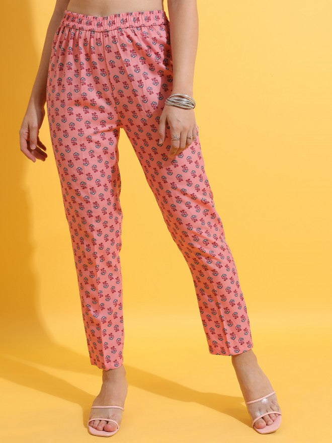 Women Peach Printed Kurta With Trouser And Dupatta