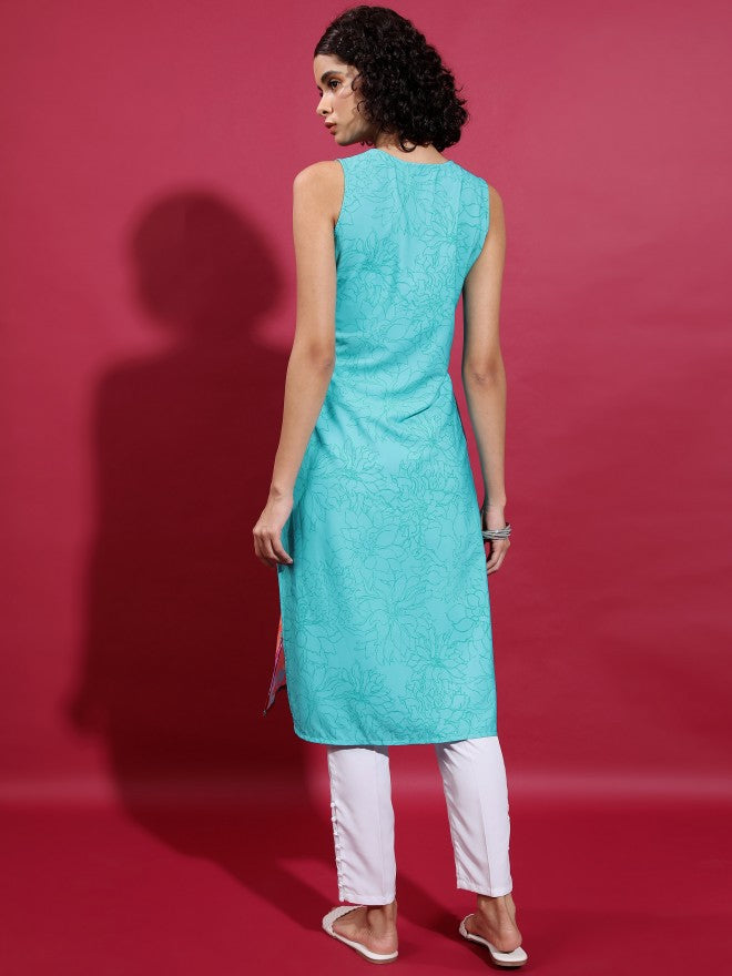 Women Teal Printed Straight Kurta