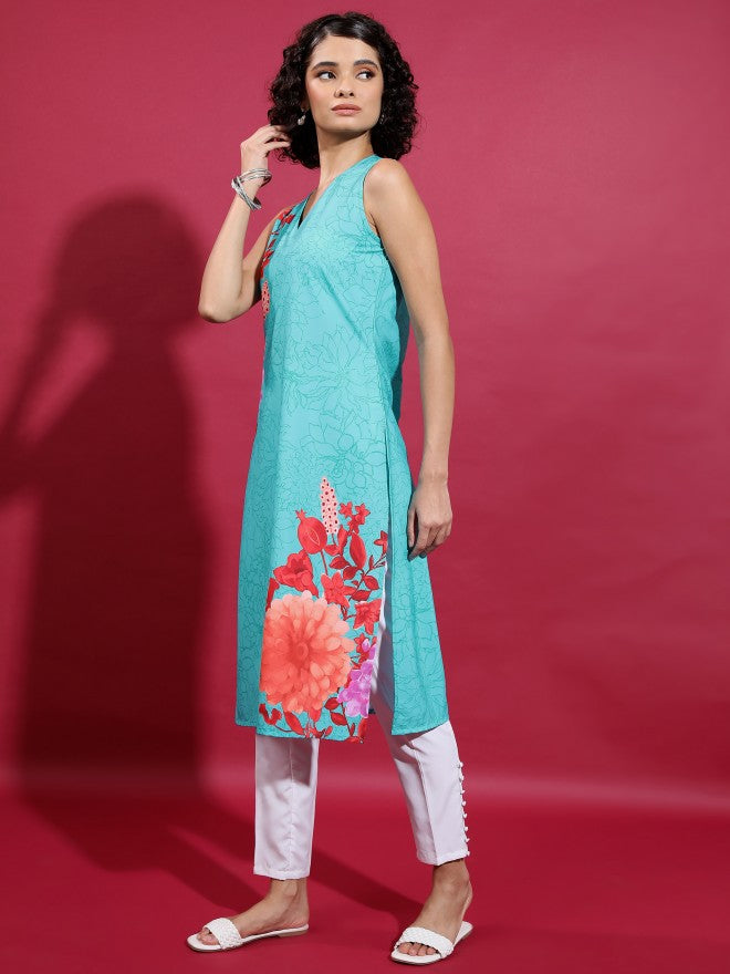 Women Teal Printed Straight Kurta