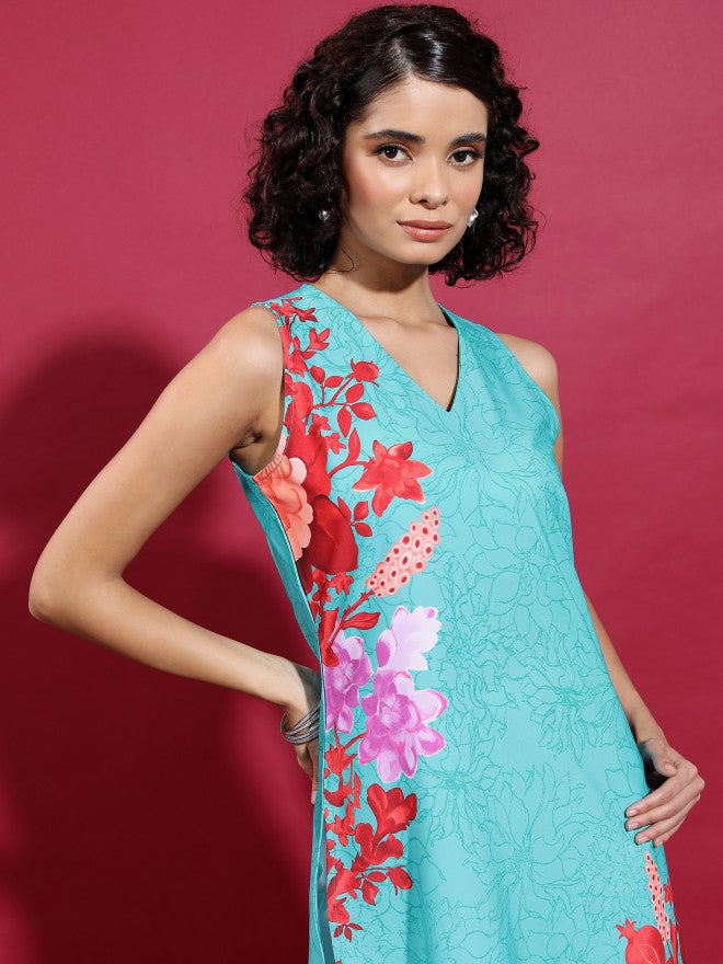 Women Teal Printed Straight Kurta