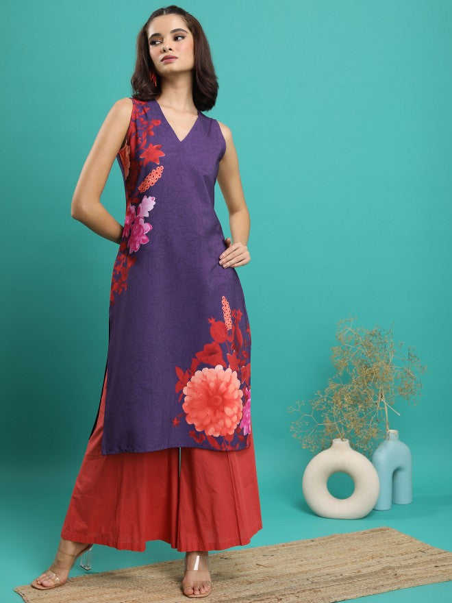 Women Mauve Printed Straight Kurta