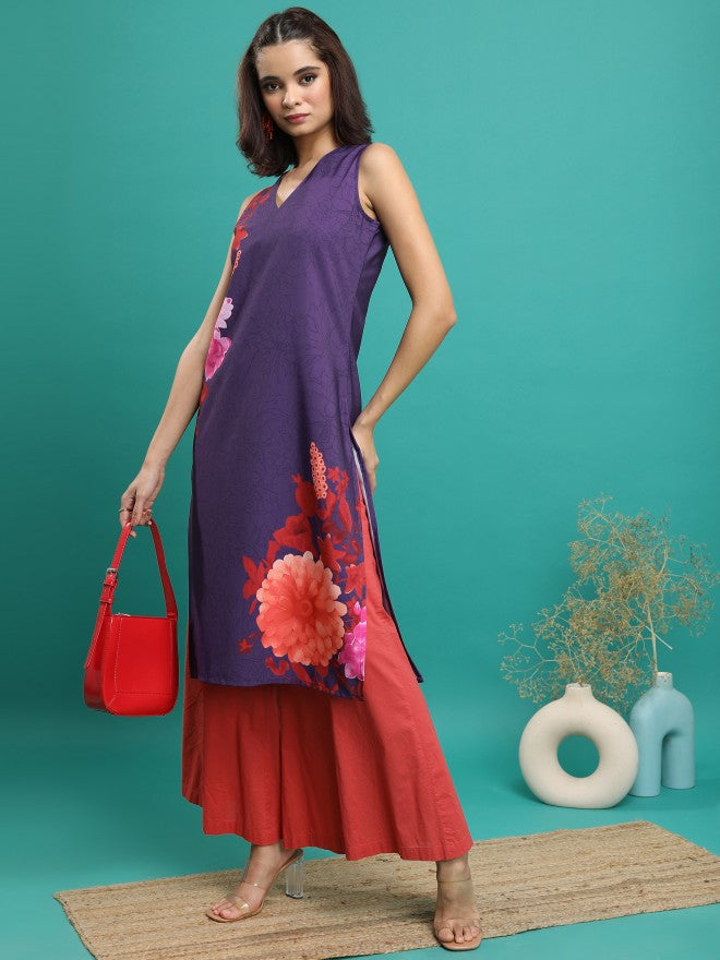 Women Mauve Printed Straight Kurta