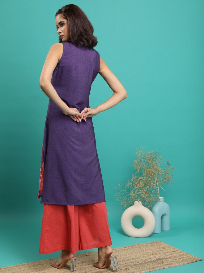 Women Mauve Printed Straight Kurta