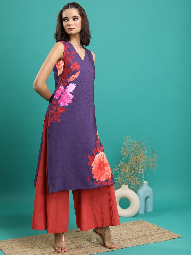 Women Mauve Printed Straight Kurta