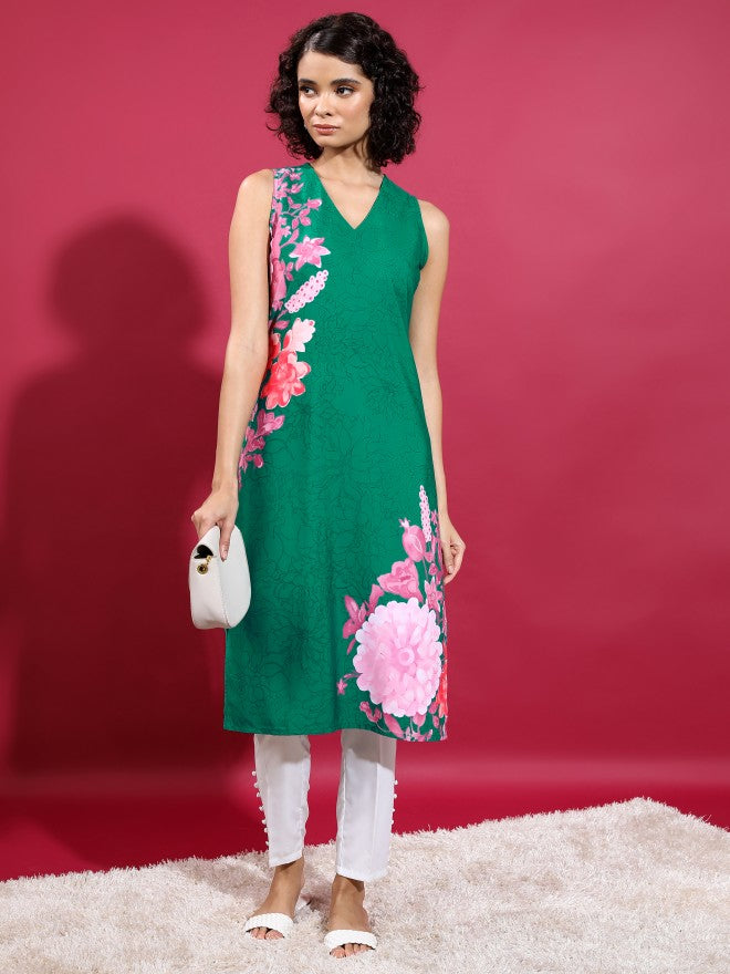 Women Green Printed Straight Kurta
