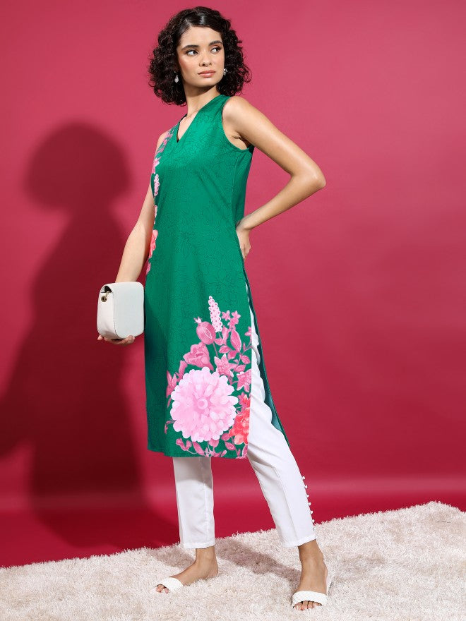 Women Green Printed Straight Kurta