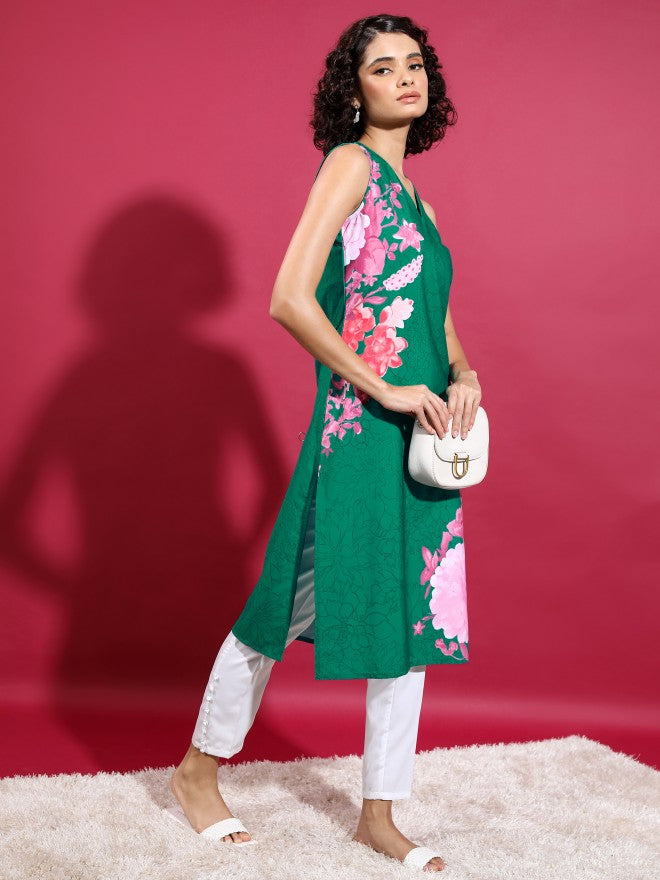 Women Green Printed Straight Kurta