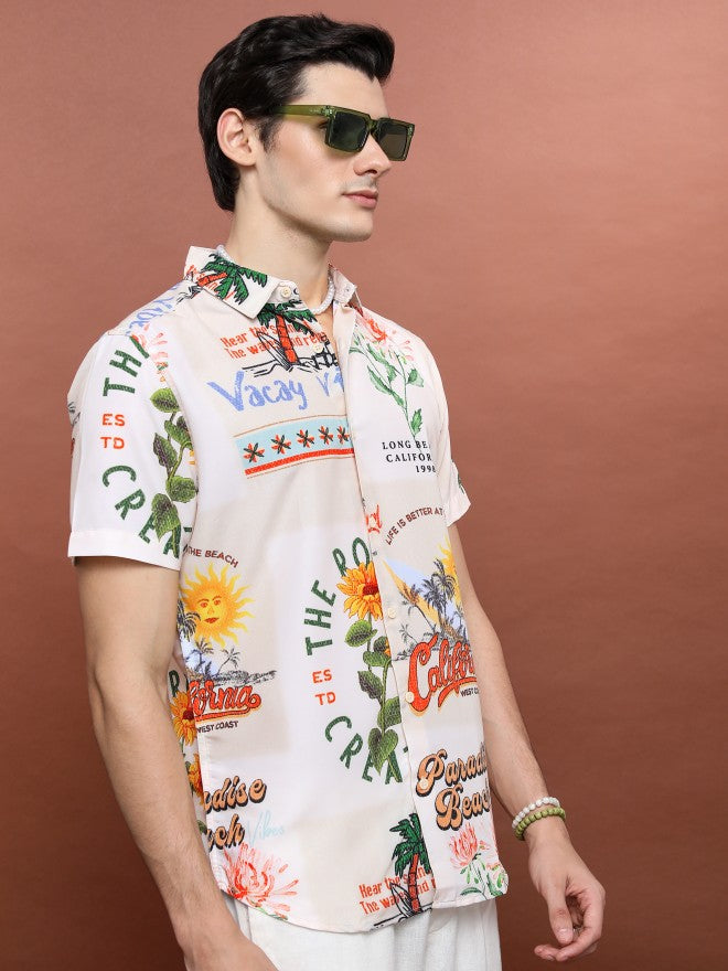 Men Beige Printed Slim Fit Casual Shirt