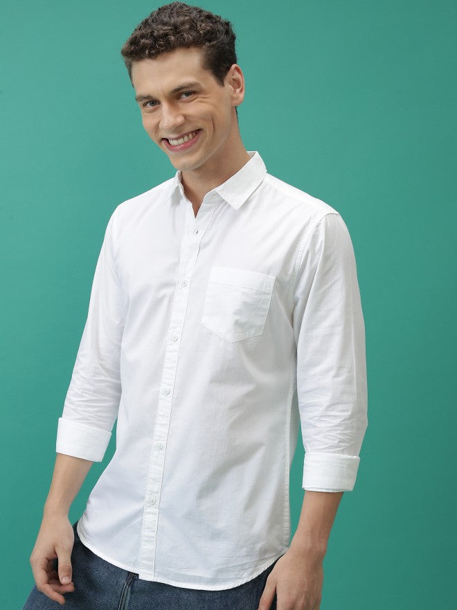Men White Solid Slim Fit Casual Shirt