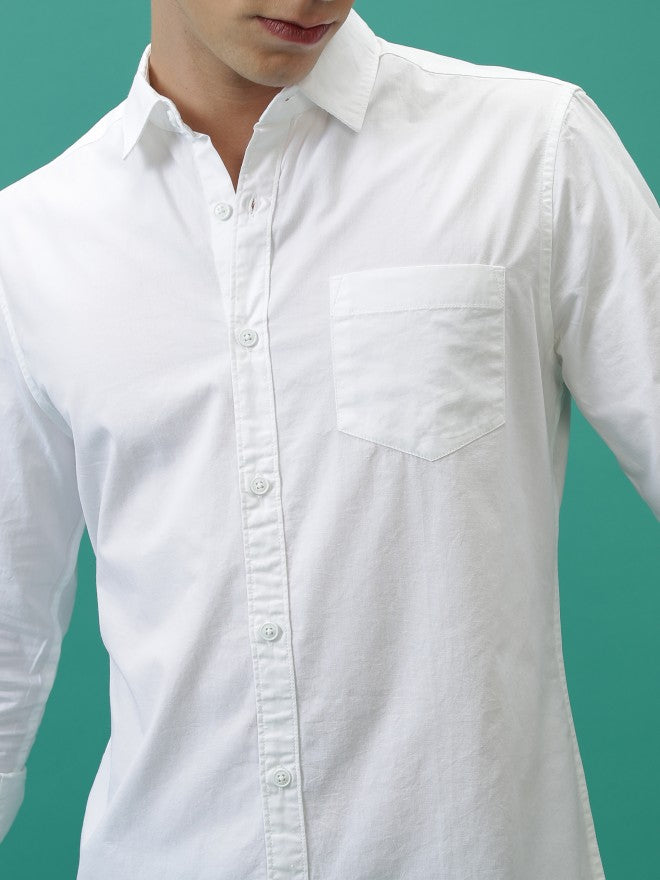 Men White Solid Slim Fit Casual Shirt