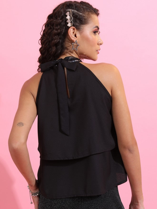 Women Black Sequin Layered Top