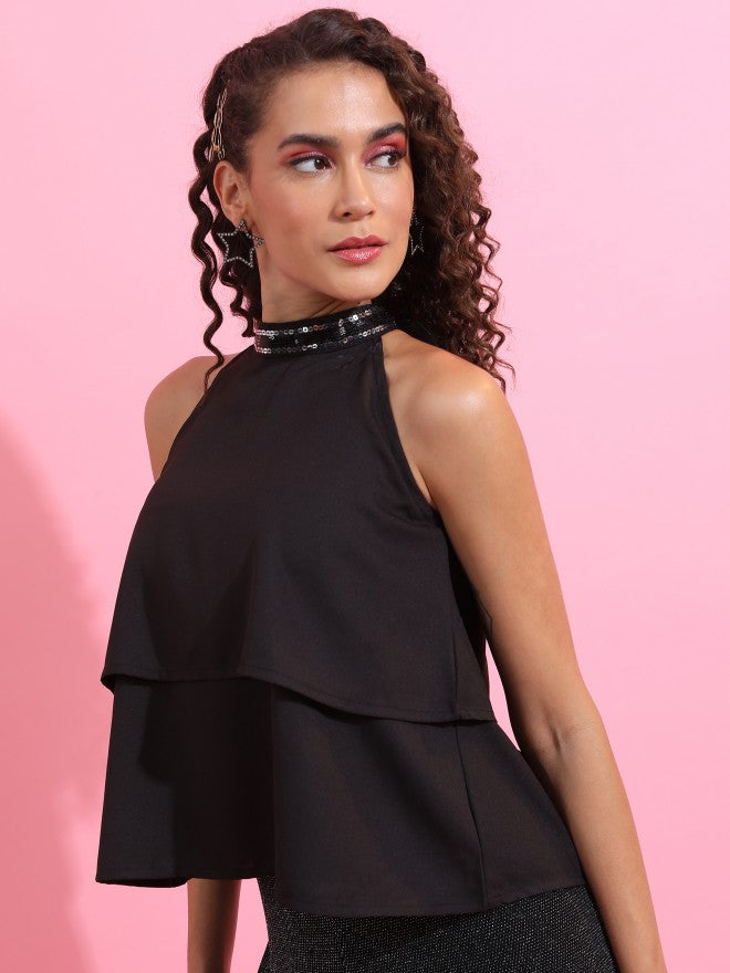 Women Black Sequin Layered Top