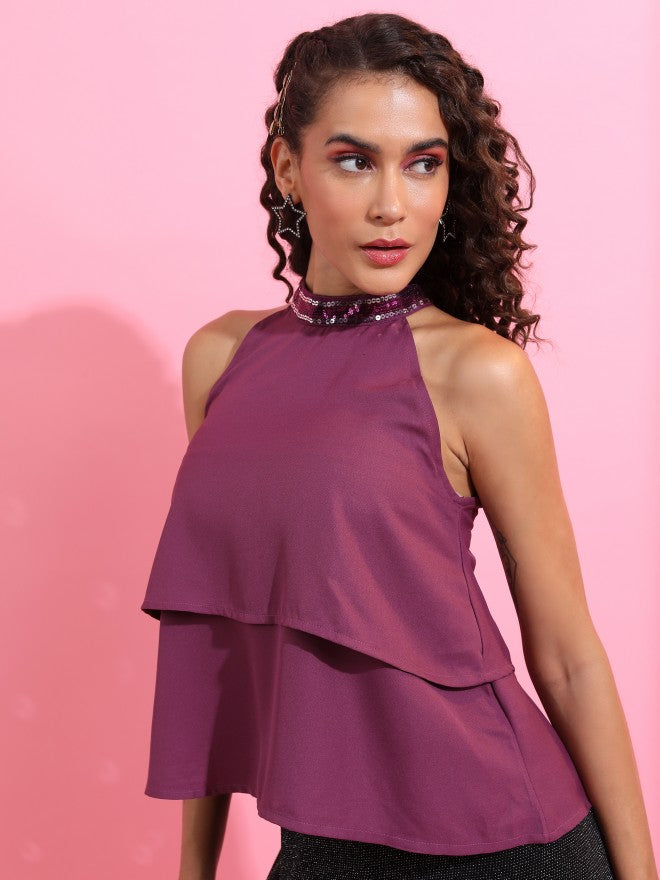 Women Purple Sequin Layered Top