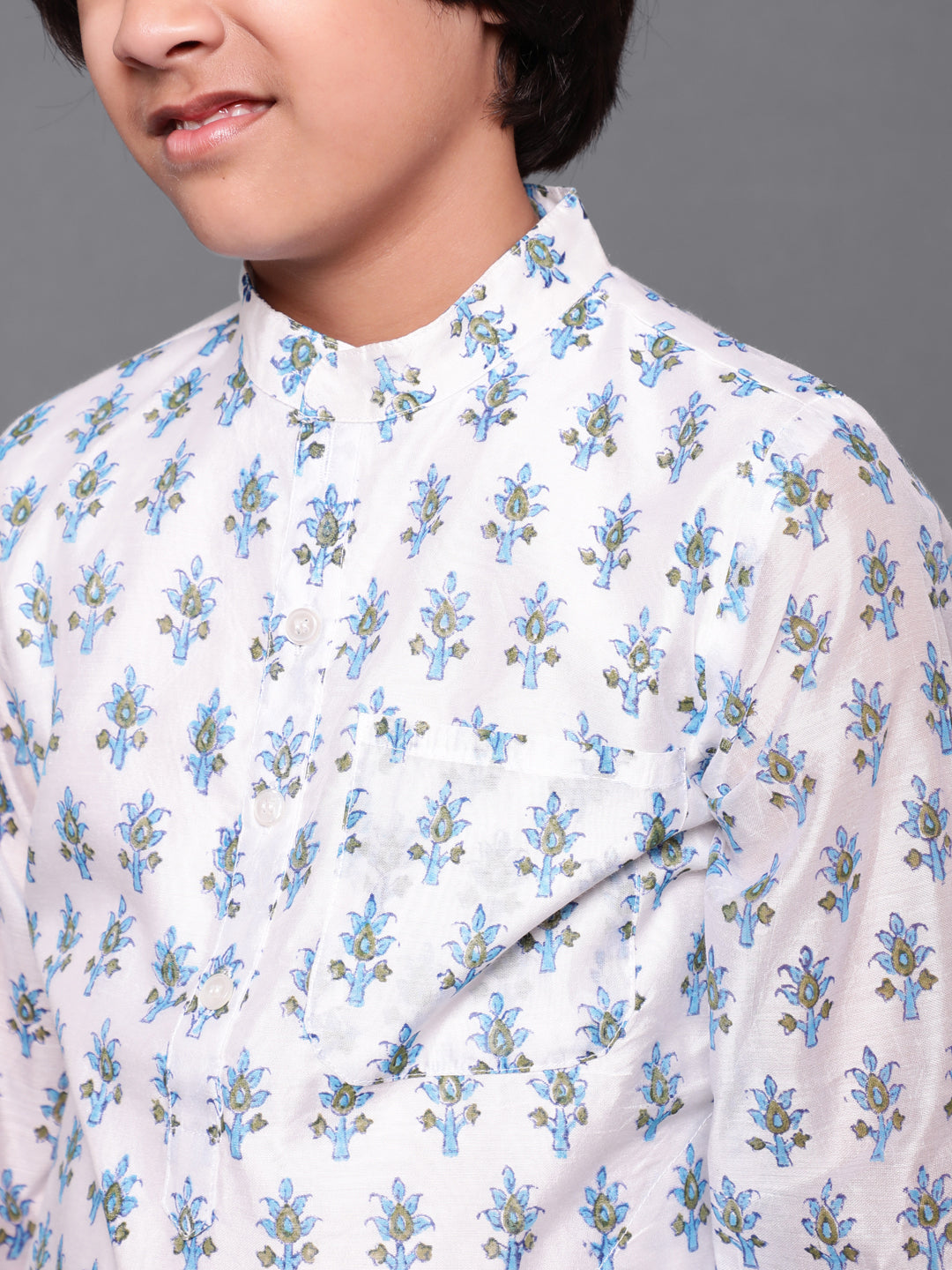 White Block Print Long Kurta