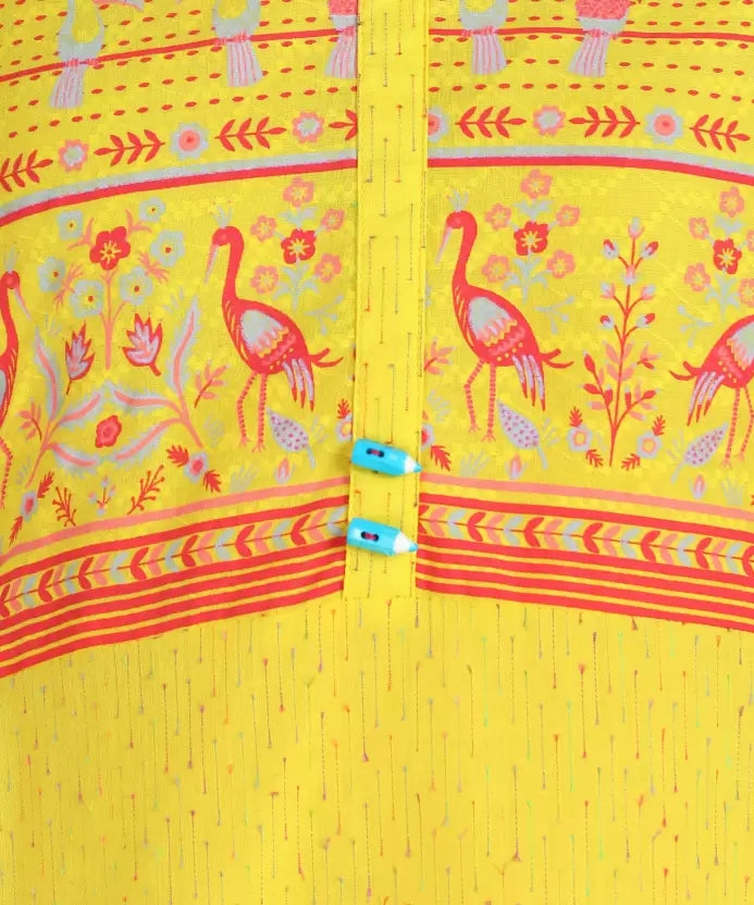 Yellow Floral Print Cotton Blend Straight Kurta